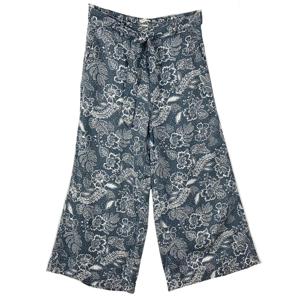 NWOT JOIE Pants Women L Grey/Blue Floral Super-Wide Tie Pull-On Pockets”Palazzo”